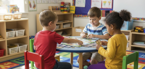 Infants jugant a un joc de taula amb peces de colors per treballar seqüenciació i pensament computacional a l’aula