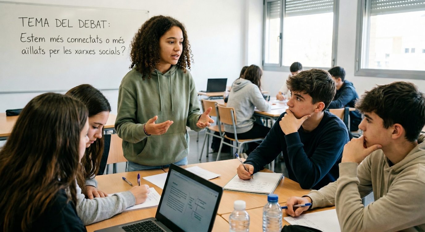 Estudiants participant en una activitat de debat guiada a classe.