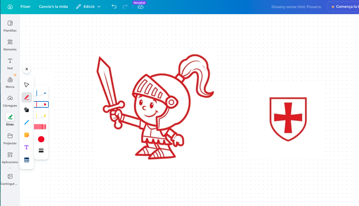 Disseny digital del titella de Sant Jordi i l’escut a Canva abans de preparar el tall