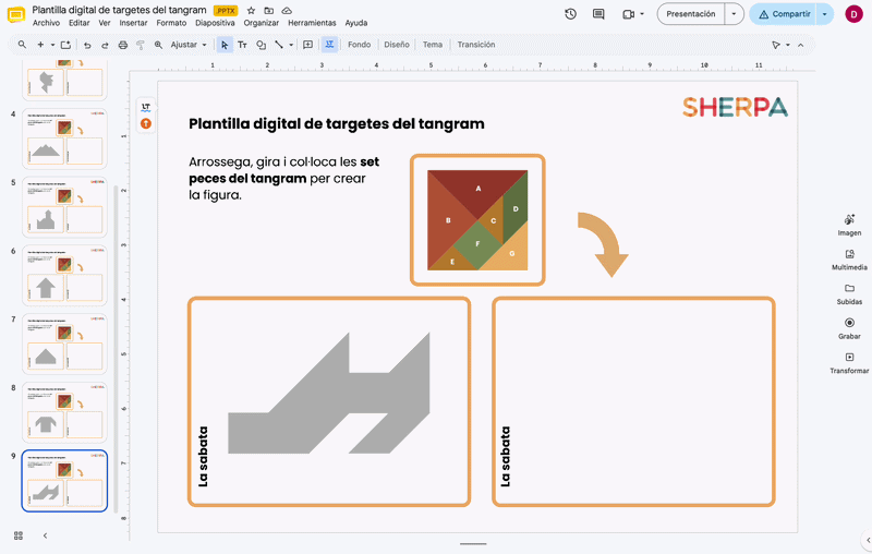 Demostració animada de la plantilla digital SHERPA per col·locar les peces del tangram i dissenyar les targetes